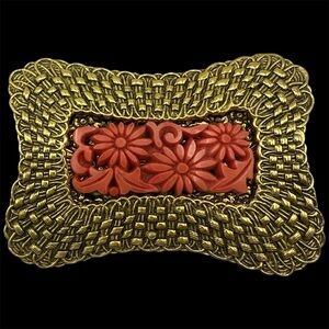 Freirich Signed Vintage Faux Coral MCM Gold Tone Brooch Pin